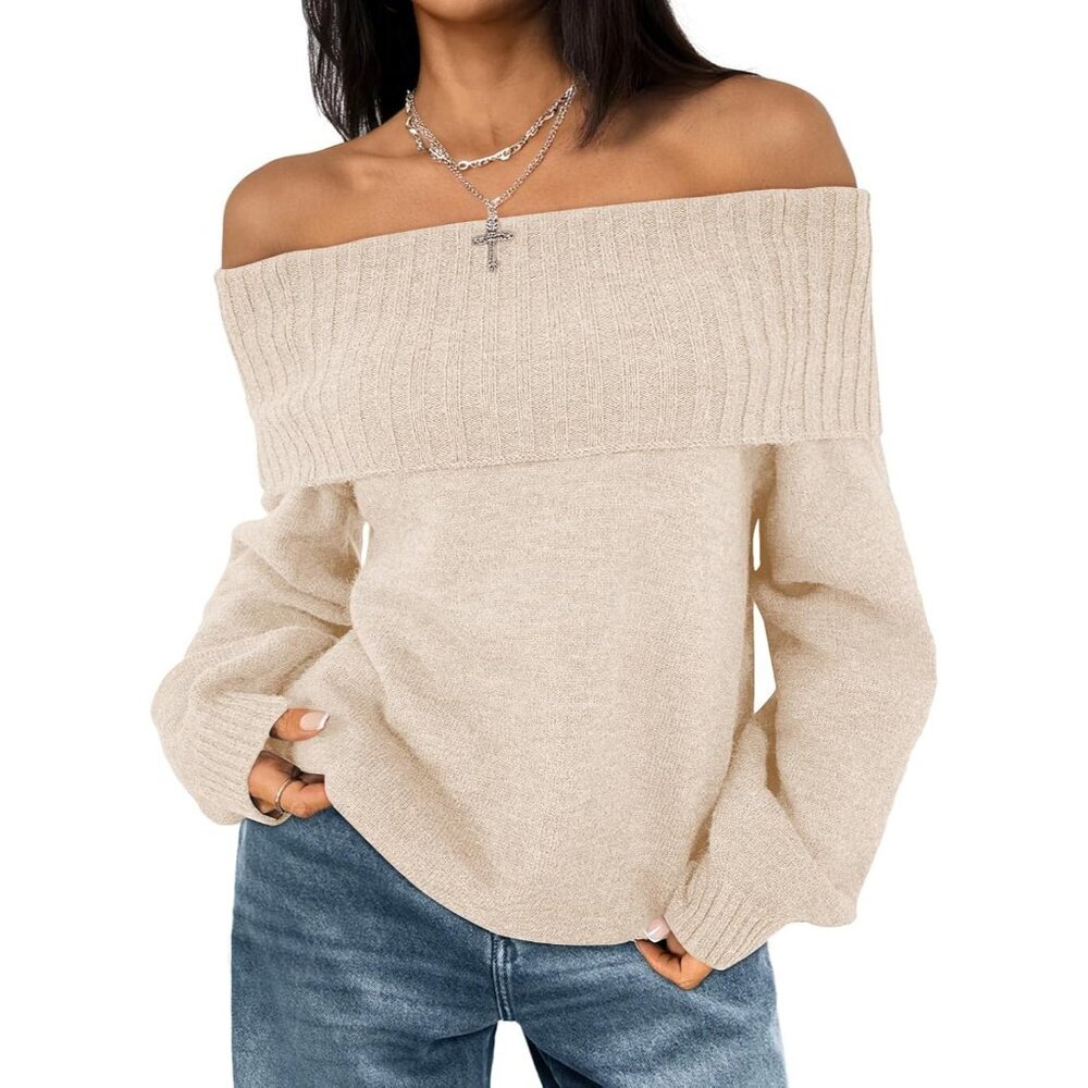 Womens Off Shoulder Sweater Oversized Knit Long Sleeve Pullover Top